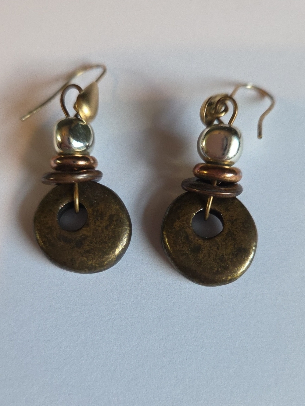 Handcrafted Bronze Drop Earrings with Mixed Metal Accents